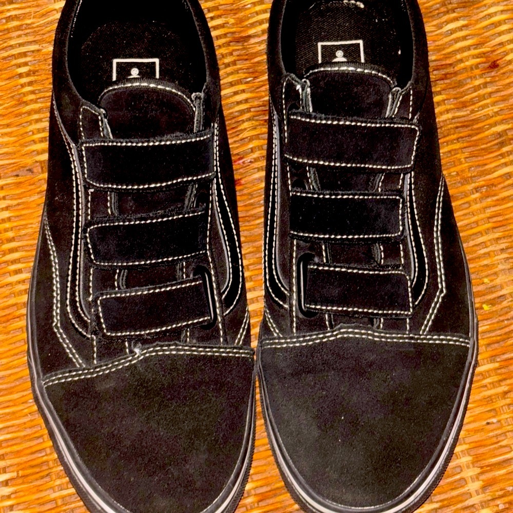 Vans Velcro Men's Woman’s Skate Athletic Shoes black suede with white stitching